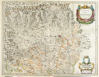 Piemont, Aostan laakso ja Liguria, Italia, Willem Blaeun teoksessa "Theatrum Orbis Terrarum, sive Atlas Novus", Amsterdam.