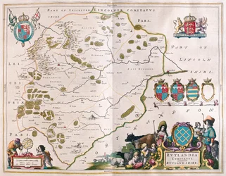 Rutland shire, teoksessa "Theatrum Orbis Terrarum, sive Atlas Novus", kirjoittanut Willem Blaeu, Amsterdam.