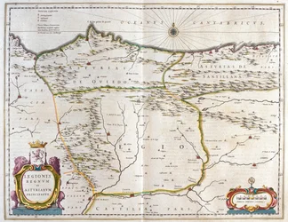 Espanjan Asturian, Kastilian ja Leónin maakunta, mukaan lukien Oviedon, Leónin, Santanderin ja Valladolidin kaupungit, Willem Blaeun, Amsterdam, teoksessa "Theatrum Orbis Terrarum, sive Atlas Novus".