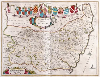 Suffolk, teoksessa "Theatrum Orbis Terrarum, sive Atlas Novus", kirjoittanut Willem Blaeu, Amsterdam.