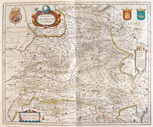 Zaragoza, Valencia, Alicante, Cartagena, Madrid, Cordoba, Sevilla, Salamanca, Palencia, Segovia, Toledo, Cuenca, Granada, Willem Blaeun teoksessa "Theatrum Orbis Terrarum, sive Atlas Novus", Amsterdam.