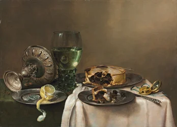 Loistoasetelma, jossa on römer-lasi, kumoon käännetty hopeinen tazza, puoliksi kuorittu sitruuna tinalautasella, piirakka, kello ja veitsi, 1631