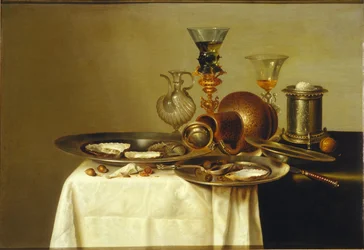 Asetelma roemerin kanssa kullatulla telineellä, kivitavaraa ja ostereita, 1637.