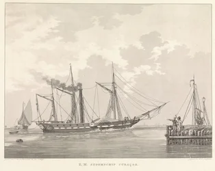 Mela höyrylaiva laiturilla Z.M. Steamship Curaçao (otsikko esineessä)