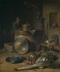 Talonpojan sisustus ja nainen kaivon äärellä, noin 1642-43 (öljy paneelille).