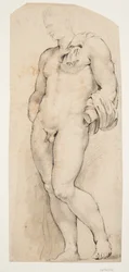 Puoliksi nähdyn antiikkiveistoksen "Belvedere Antinous" etupuoli kääntyi vasemmalle
