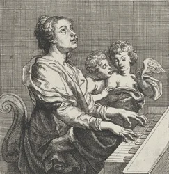 Pyhä Cecilia soittaa urkuja, oikealla kaksi puttoa, noin 1631.
