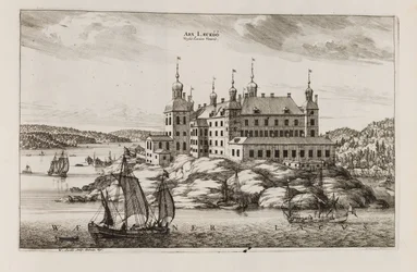 Läckön linna Vänernin puolelta, teoksesta "Suecia antiqua et hodierna"