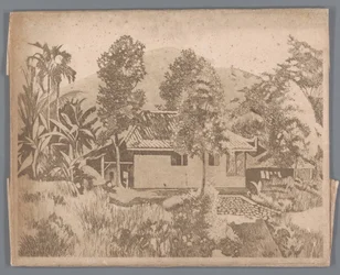 Talo, jossa taustalla tulivuori Salak(?), Buitenzorg