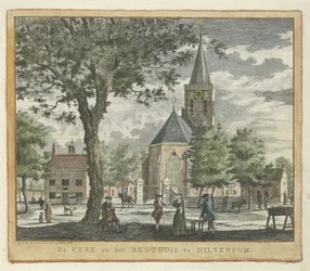 Kirkko ja oikeustalo Hilversumissa vuonna 1762 (ennen vuoden 1766 tulipaloa) Kirkko ja Regthuis Hilversumissa (otsikko esineessä)