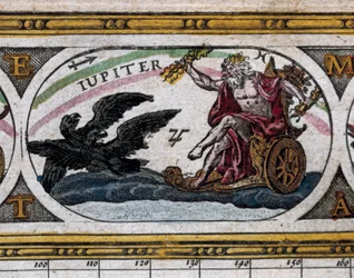 Esitys jumalasta, Jupiter taistelee mustia kotkia vastaan vaunuissaan (kaiverrus) "Le Theater du Mondessa"