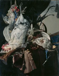 Saksa: Stilleben mit gelegten Vögeln und Jagdgeräten Still life with game and hunting equipment (asetelma riistan ja metsästysvälineiden kanssa)