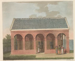 Tsaari Pietarin talo Zaandamissa, 1824 Tsaari Peter den Grootenin talo den Jaressa 1697, jonka Zaandam / La Chaumière Habitée asutti tsaari Pierre le Grand à Zaandan en 1697 (otsikko esineessä)