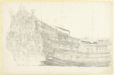 Muotokuva (fantasoidusta?) englantilaisesta laivasta Justitian peräpeilin päällä