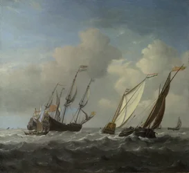 Hollantilainen laiva, huvivene ja pienemmät alukset tuulessa, n. 1660