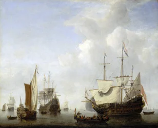 Hollantilainen laiva ankkuroitumassa, luultavasti Oranian prinssi Frederik Hendrikin (1584-1647) laiva. Öljyä kankaalle, noin 1658, tekijä Willem van de Velde (1633-1707).