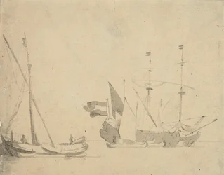 Vene laiturilla ja hollantilainen laiva ankkurissa, n.1665 (harmaa pesu).