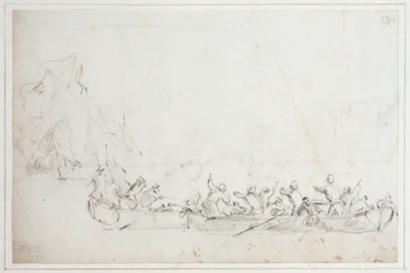 Hollantilaisten tai englantilaisten ja barbaarimerirosvojen välinen venetaistelu, n. 1675 (liitu).