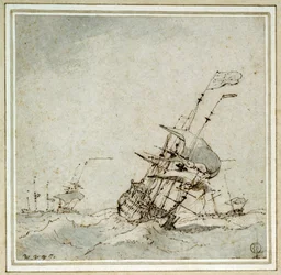 Lippulaiva (lipunkantaja), joka kiihdyttää myrskyä pakoon. Willem van de Velde nuoremman (1633-1707) piirustus, tehty noin vuonna 1700.