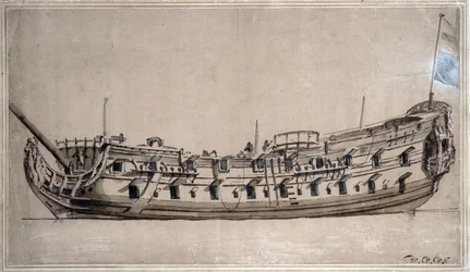 Brittiläinen neljännen luokan alus, jossa oli 42 tykkiä, rakennettu noin vuonna 1675. Willem van de Velde nuoremman (1633-1707) tussipiirros.