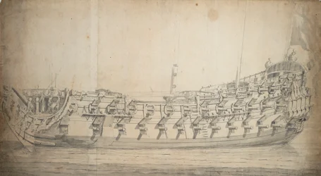 Muotokuva vuonna 1679 rakennetusta ja vuonna 1700 uudelleen rakennetusta kolmannen luokan Grafton-aluksesta, noin 1680 (grafiitti, harmaa pesu).