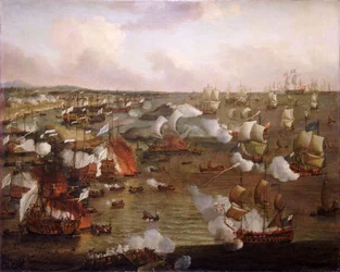 Ranskalaisten alusten polttaminen La Hoguen taistelussa 23. toukokuuta 1692, 1600-luvun loppupuoli (öljy kankaalle).
