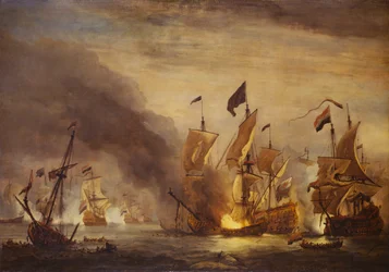 HMS "Royal Jamesin" polttaminen Solebayn taistelussa 28. toukokuuta 1672, 1600-luvun loppupuoli (öljy kankaalle).