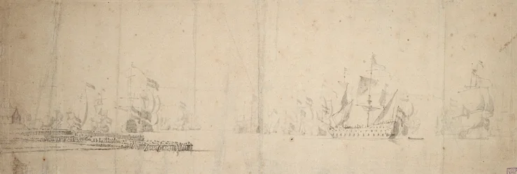 Hollannin laivasto lähdössä liikkeelle laiturilta, n.1665 (grafiitti, harmaa pesu).