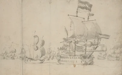 Hollannin lippulaiva ja lähetysalus sen peräsimessä, toukokuu 1672, noin 1672 (lyijykynä, pesu).