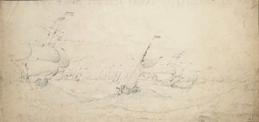 Hollantilainen takalaivue menossa tuulen suuntaan kovassa merenkäynnissä, noin 1672 (grafiitti).