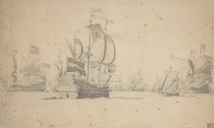 Hollantilainen laivue muodostamassa taistelulinjaa, toukokuu 1672, noin 1672 (lyijykynä, pesu).