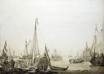 Erilaisia aluksia täpötäydessä satamassa, tämä maalaus liittyy historiallisesti Englannin Kaarle II:n (1630-1685) matkaan Haagiin (Hollantiin) vuonna 1660, jolloin hän palautti vallan Englannin valtaistuimelle.