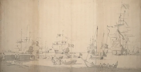 Weyschuitia vedetään maihin täpötäydessä satamassa, noin 1672 (grafiitti).