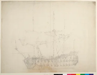 Englantilainen kolmannen luokan 60-tykkinen laiva paapuurin keulasta katsottuna, noin 1673 (offset).