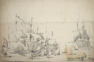 Hollantilaiset taistelualukset kuivaamassa purjeita, noin 1658 (grafiitti, harmaa pesu).