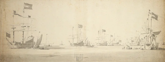 Hollannin lippulaivat ankkurissa ja veneet vieressä, noin 1664 (grafiitti, harmaa pesu).