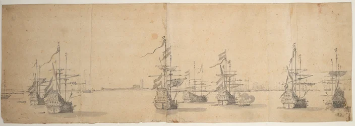 Hollantilaisia laivoja ankkurissa matalan rannan edustalla, n.1658 (grafiitti, harmaa pesu).