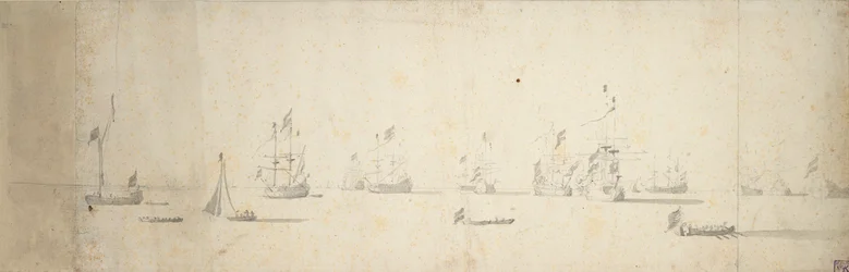 Hollantilaisia laivoja ankkurissa rannikon edustalla, n.1664 (grafiitti, harmaa pesu).