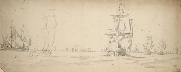 Hollantilaisia aluksia juoksemassa kohti päälaivastoa, May 1672, noin 1672 (grafiitti, harmaa pesu).
