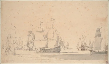 Englantilaisia laivoja, ketssi ja galliot kevyessä tuulessa, kesäkuu 1673, noin 1673 (lyijykynä, pesu, tussi, ruskea muste).