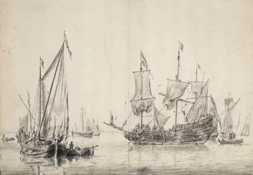 Purjeveneitä ja hollantilainen fregatti kuivaamassa purjeitaan. Piirros ja pesu (26x37 cm), William van de Velde l