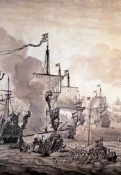 Äänen taistelu hollantilaisten ja ruotsalaisten laivastojen välillä, 8. marraskuuta 1658. Yksityiskohta - Öljy- ja mustemaalaus