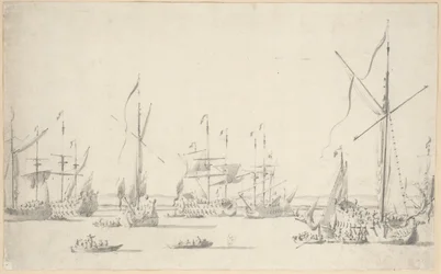 Jahdit ja laivat ankkurissa Sheernessin lähellä, noin 1677 (grafiitti, harmaa pesu).