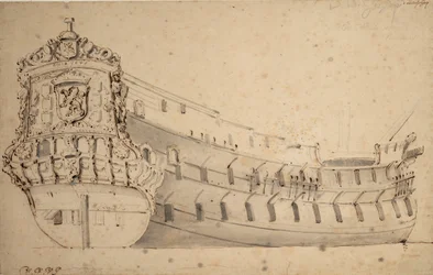 Muotokuva vuonna 1666 rakennetusta ja vuonna 1690 merihätään joutuneesta 66 tykkiä käsittäneestä Maasin amiraliteetin "Ridderschap"-aluksesta, noin 1686 (grafiitti, harmaa tussi).