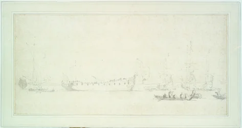 Englantilaisen laivan, luultavasti "James Galleyn", vesillelasku, n.1676 (grafiitti ja pesu, harmaa).