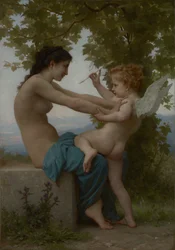 Isang Batang Babae na Nagtatanggol sa Sarili laban kay Eros, c.1880 (langis sa canvas)finn
