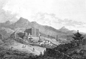 Näkymä Poo-ta-lasta tai suuresta temppelistä Zhe-holin lähellä Tartariassa, kaivertaja Benjamin Thomas Pouncy (1772-99), julkaisija G. Nicol.