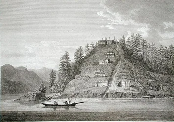 Ystävällisten intiaanien kylä Buten kanavan suulla, kaiverrus J. Landseer, n. 1790-1799 (kaiverrus)