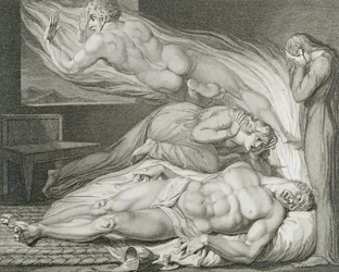 Vahvan pahan miehen kuolema, s. 6, kuvitus William Blaken (1757-1827) teoksesta "The Grave, A Poem", kaiverrus Luigi Schiavonetti (1765-1810)