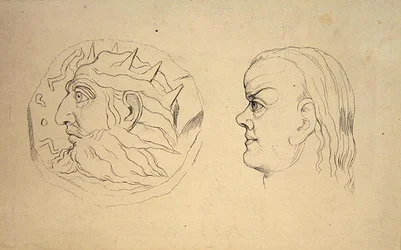 Nebukadnessarin kolikon kääntöpuoli ja Syövän pää, J. Varleyn "Treatise on Zodiacal Physiognomy", kaiverrettu John Linell